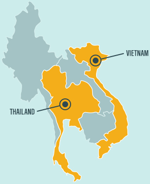 Map of Thailand and Vietnam where we invest in shrimp aquaculture.
