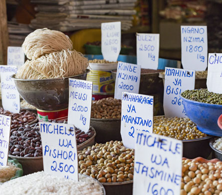 Photo of various soft commodities for sale at a market