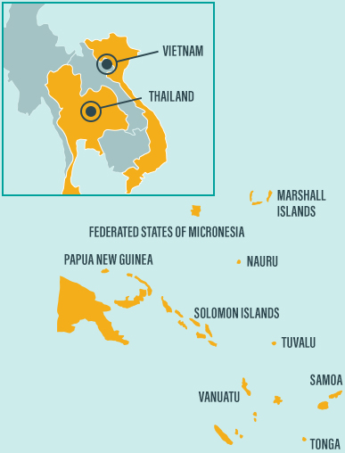 Map of South East Asia where we focus on globally traded soft commodities with high levels of associated degradation: tuna and shrimp